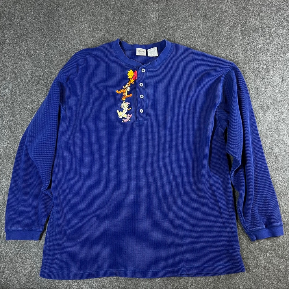 Disney Store Winnie the Pooh Tigger Henley Waffle Knit Shirt Blue XL Vintage